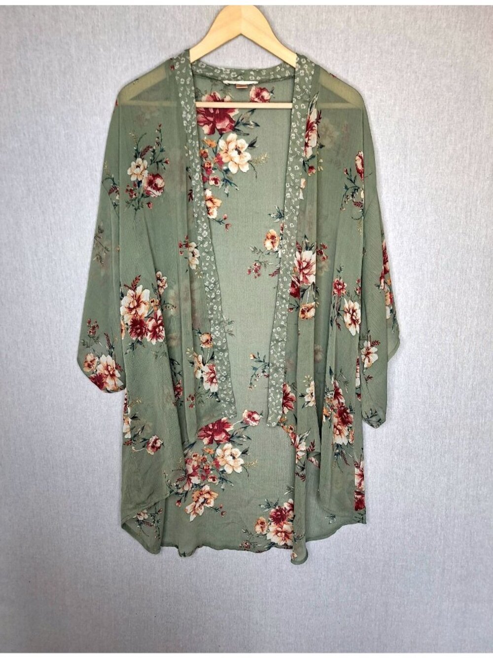 💙 Band of Gypsies Sage Green Floral Kimono Cardigan Size S/M Oversized Sheer Bo